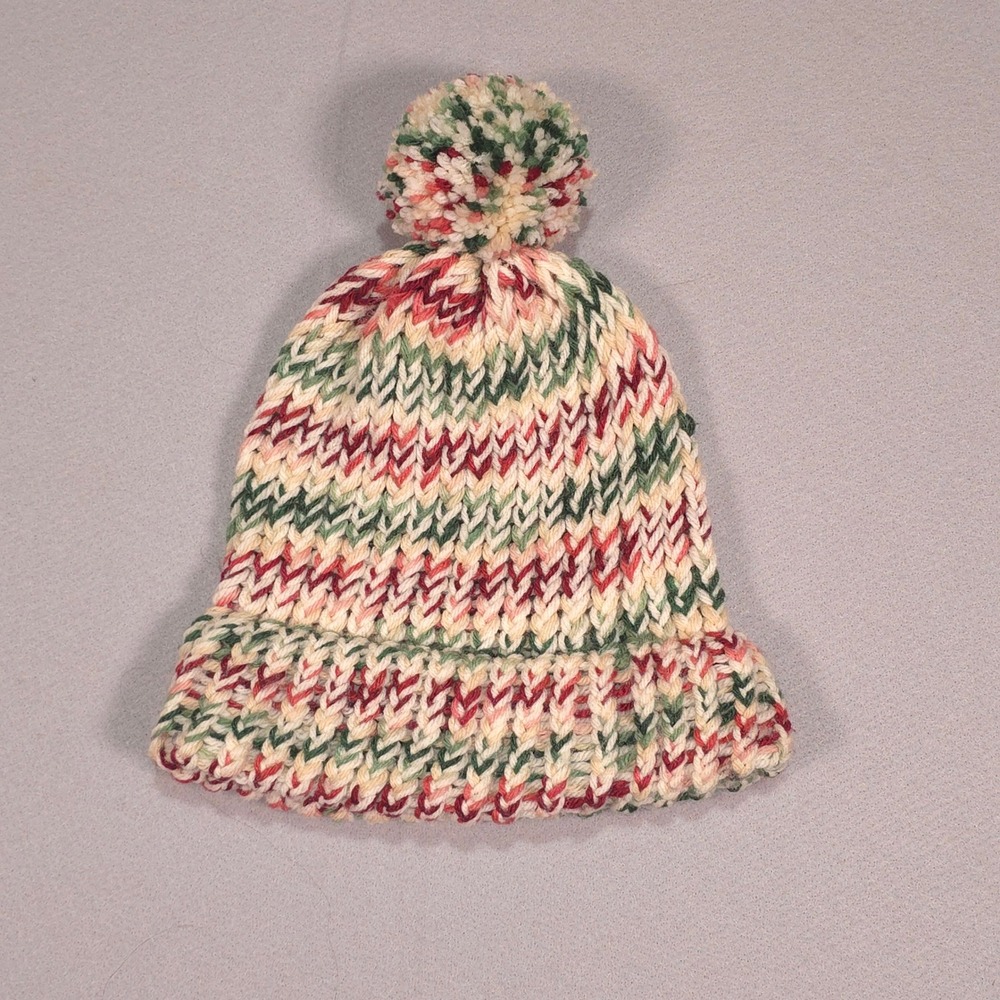 Handmade Knit Beanie Festive Red Green Cream Chevron Pom Pom Winter Hat